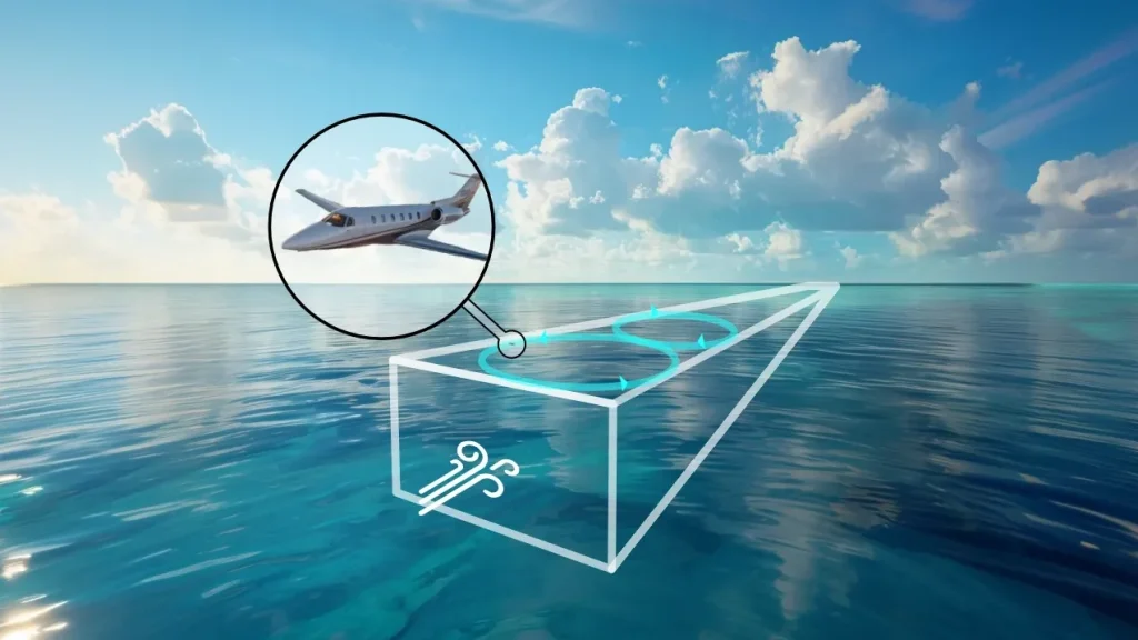 A private jet in flight on a lemniscate path at some altitude above the ocean. Under the plane a rectangular parrallelepiped show the dispertion of particules in the air over a very long distance (thousands of kilometers) with the wind blowing.